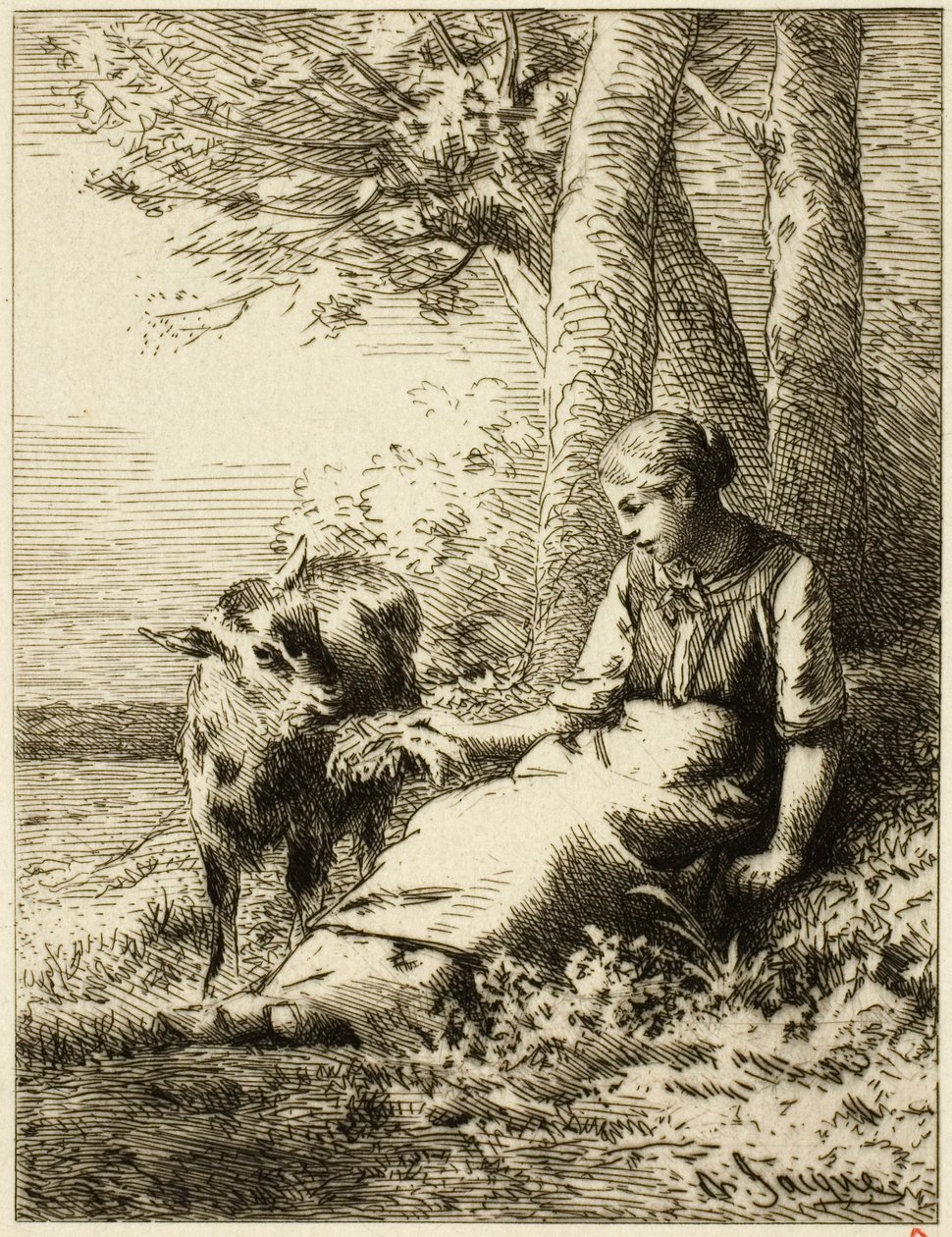 Herder met Kudde Schapen aan de Rand van het Bos door Charles Emile Jacque