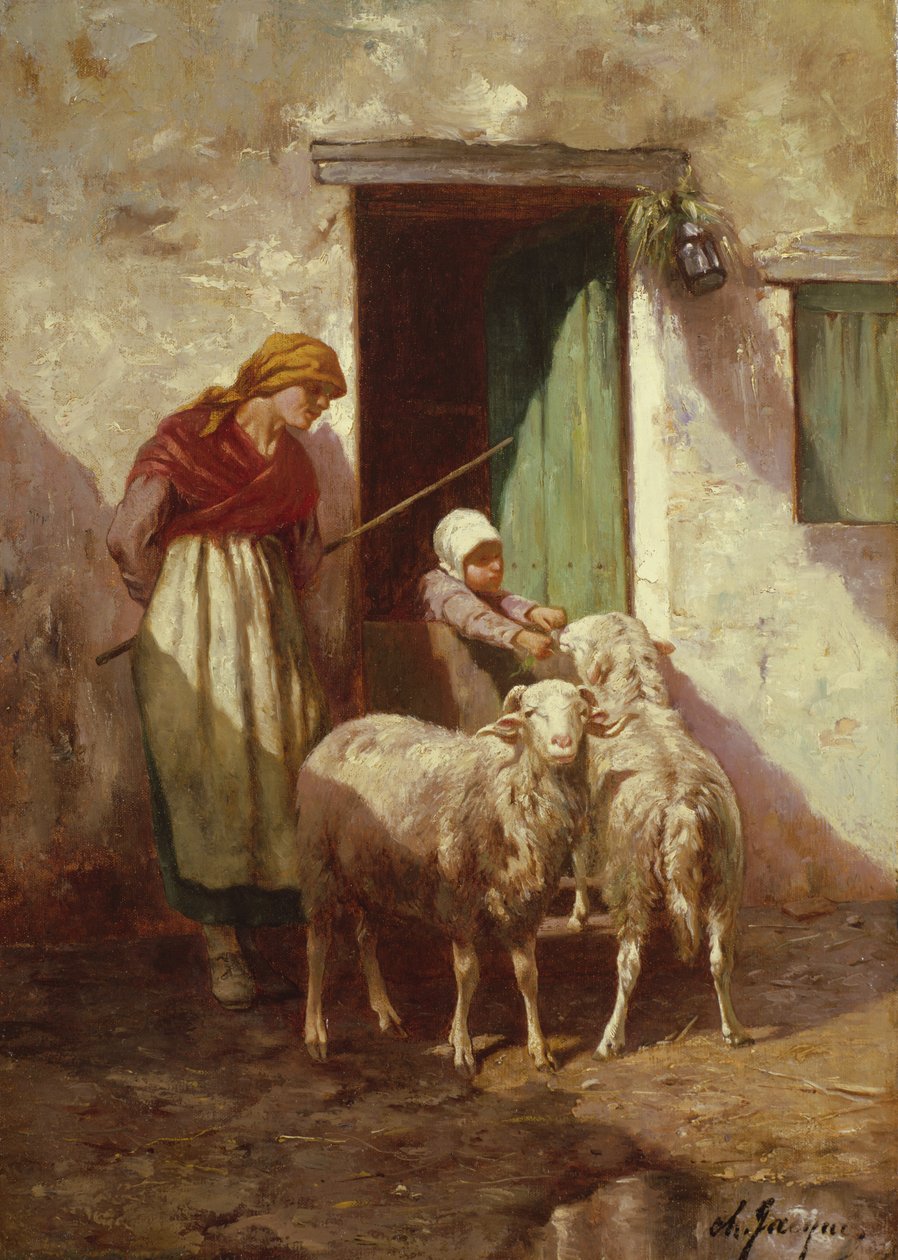 Herderin met een Kind en Twee Schapen door Charles Emile Jacque