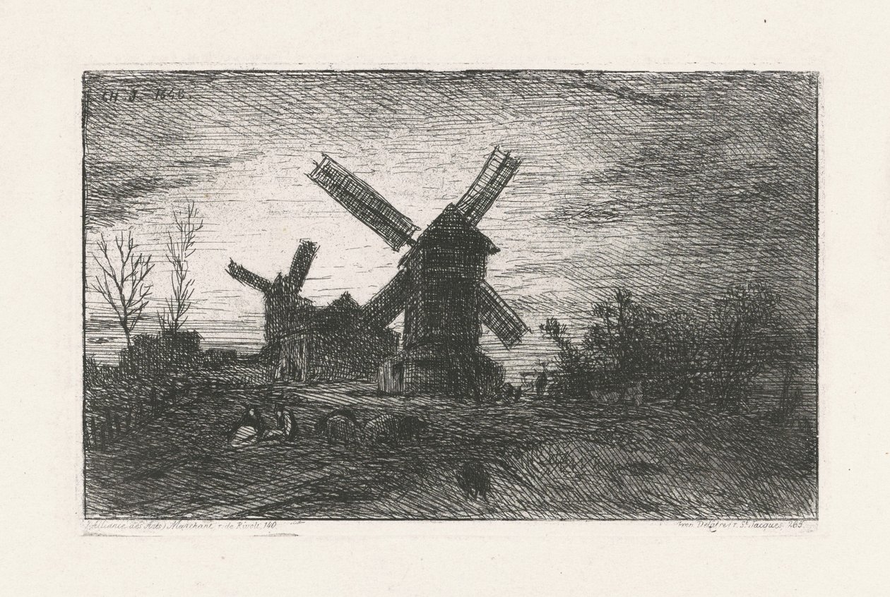 Twee windmolens op Montmartre door Charles Emile Jacque