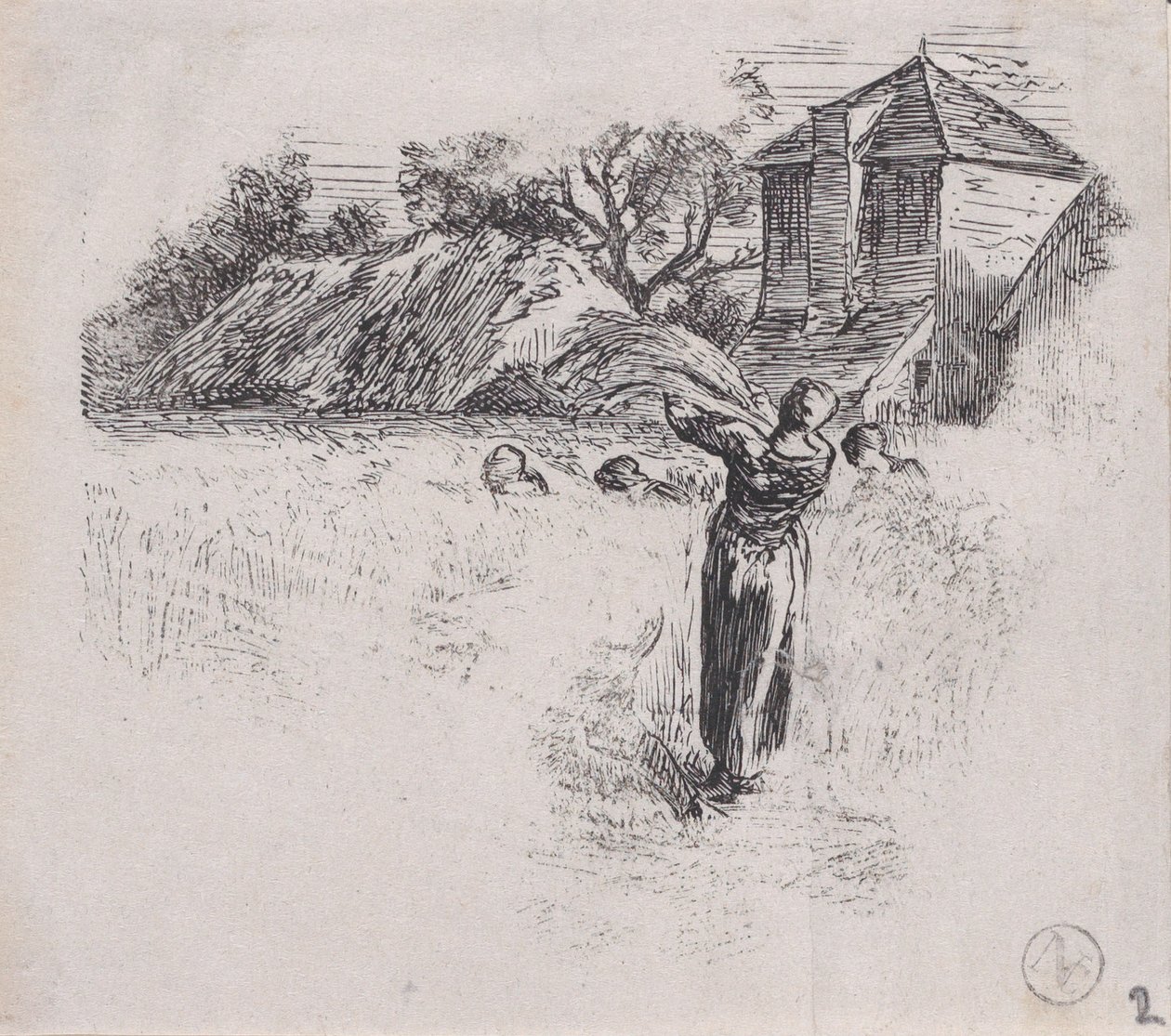 Vrouw die een schoven draagt, ca. 1853. door Charles Emile Jacque