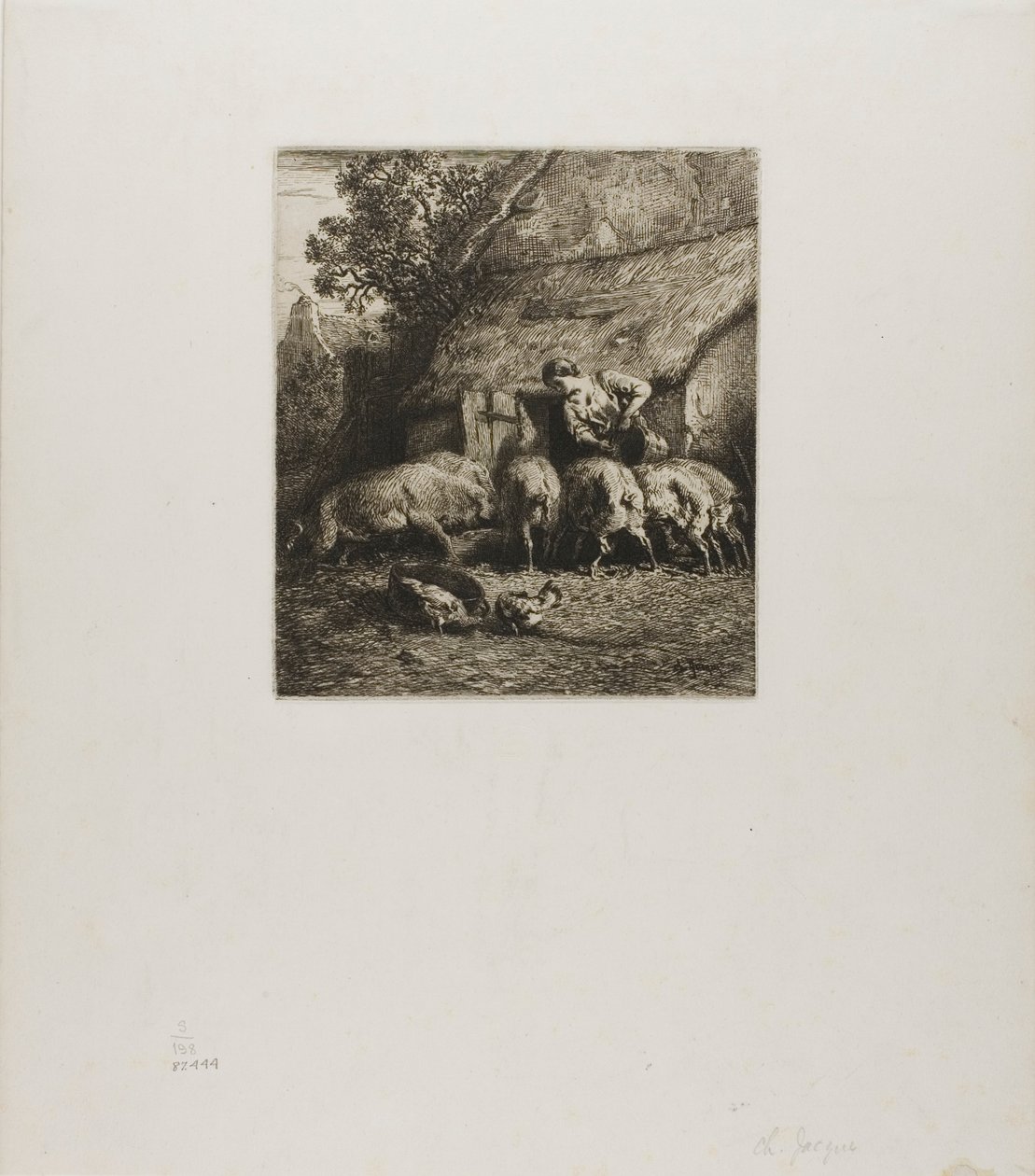 Vrouw voedt zes varkens door Charles Emile Jacque