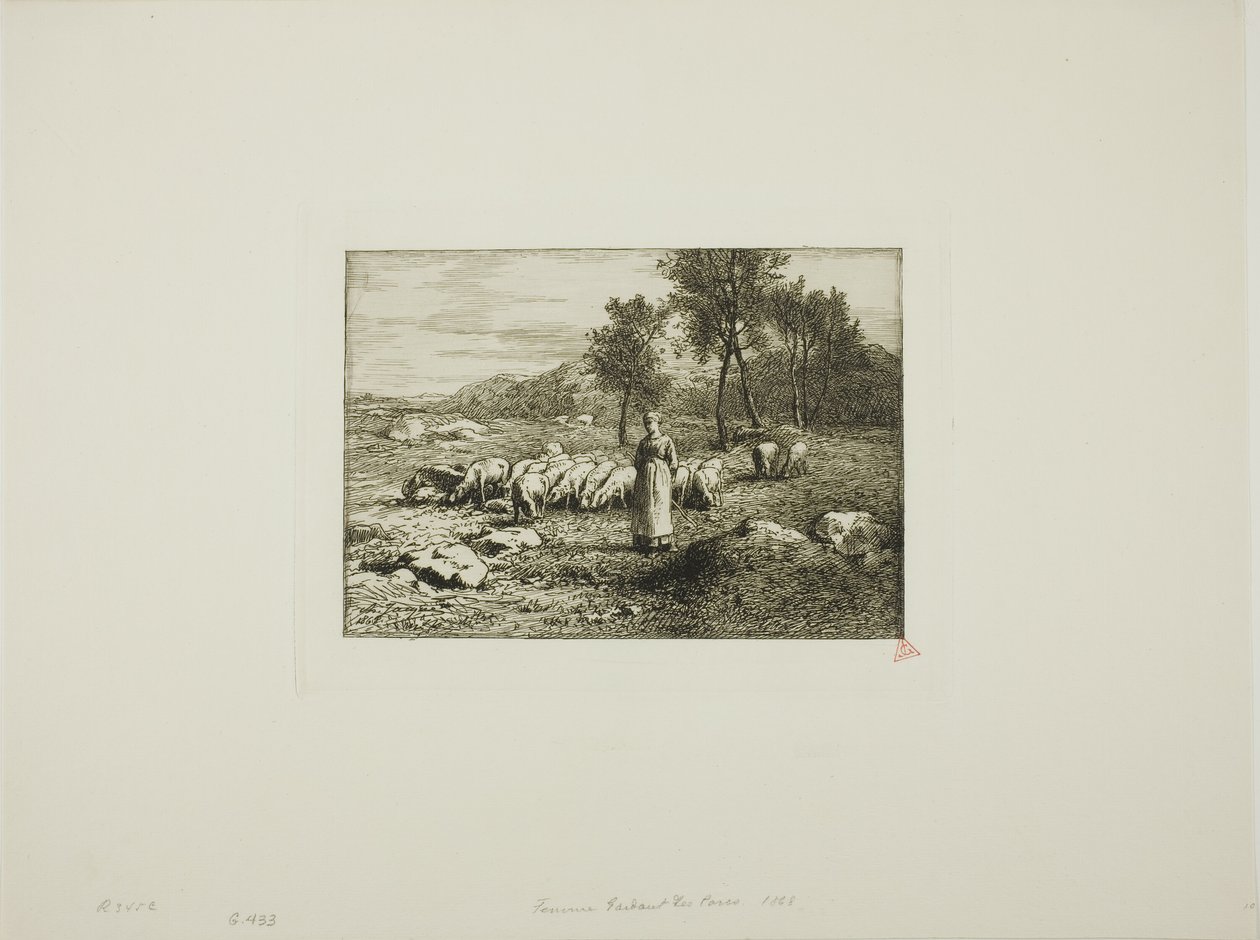 Vrouw die een kudde varkens bewaakt door Charles Emile Jacque