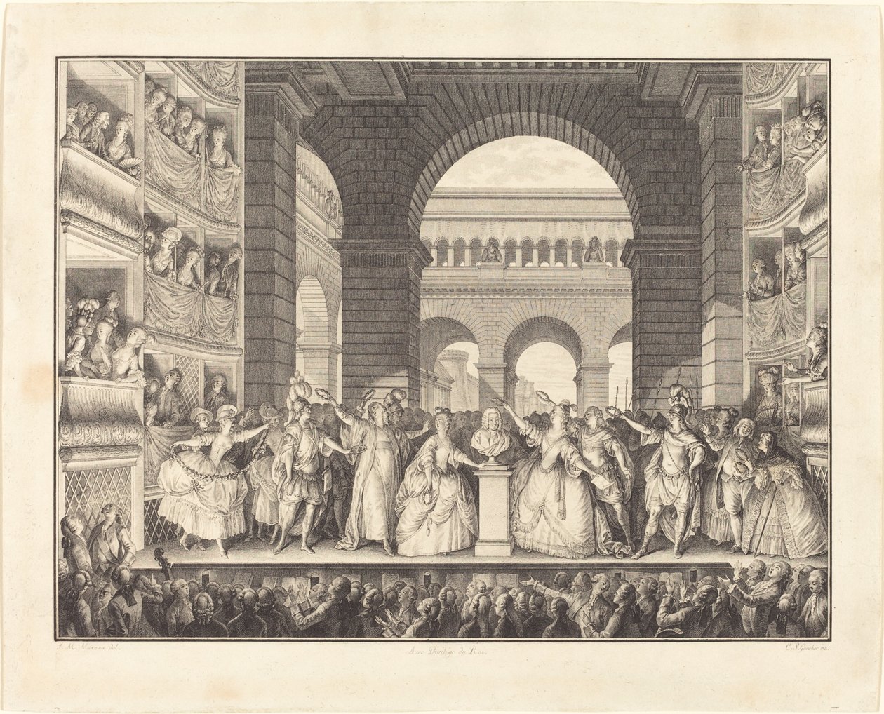 Kroning van Voltaire door Charles Etienne Gaucher after Jean Michel Moreau