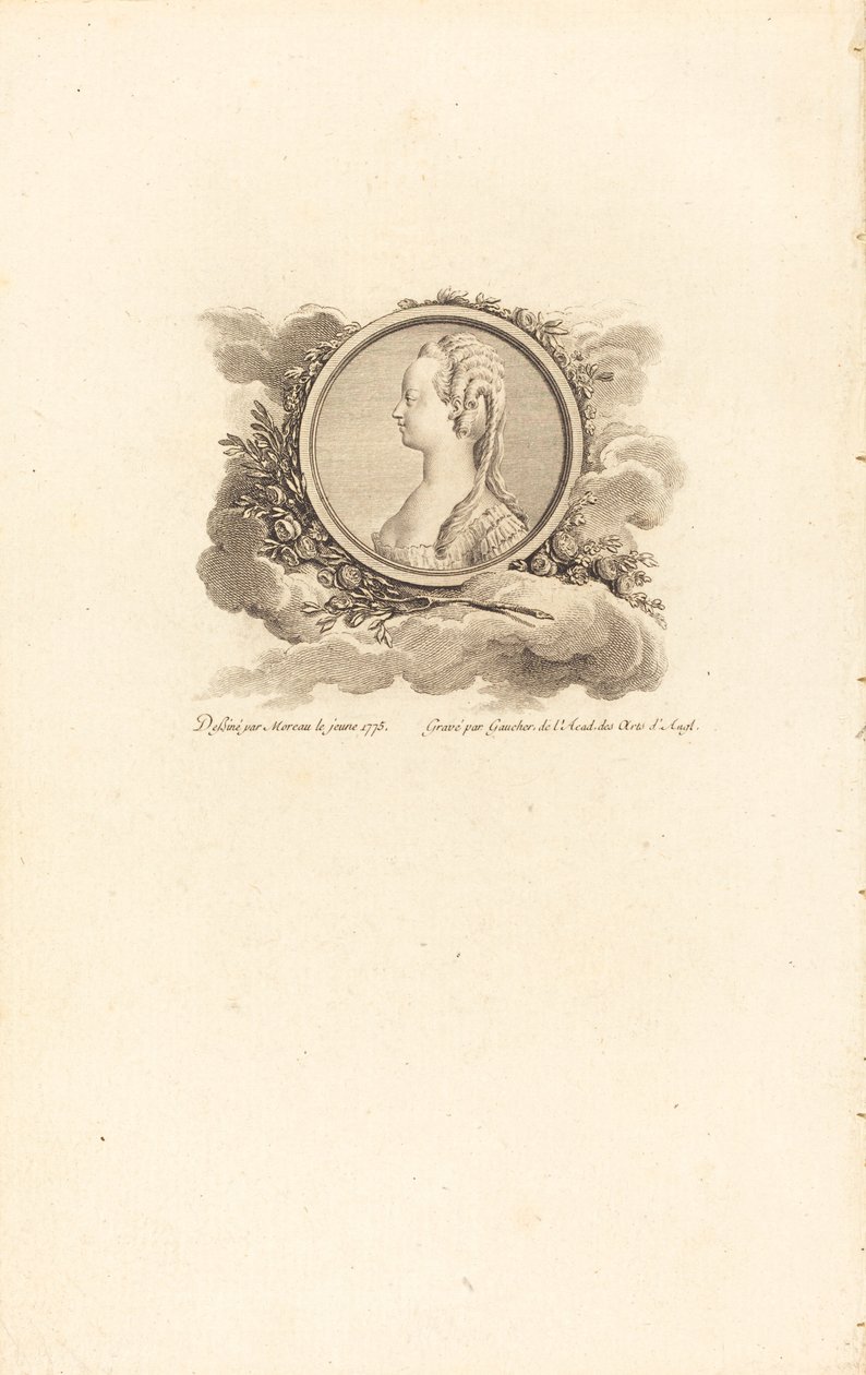 Marie-Antoinette door Charles Etienne Gaucher after Jean Michel Moreau