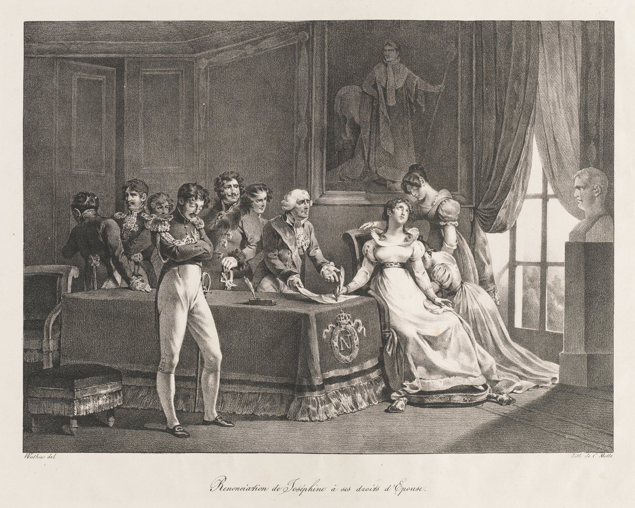 Josephine doet afstand van haar rechten, begin 19e eeuw (litho) door Charles Etienne Pierre Motte