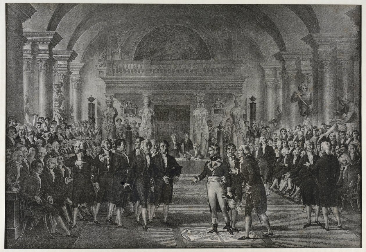 Ontvangst van Napoleon Bonaparte bij het Instituut, klasse natuurkunde en wiskunde, sectie mechanische kunsten op 25 december door Charles Etienne Pierre Motte