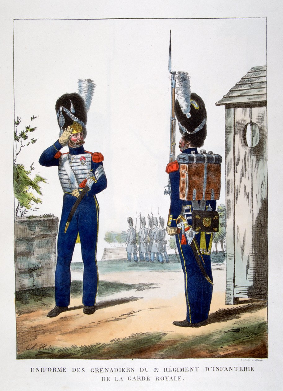 Uniformen van de grenadiers.. van de Franse koninklijke garde, 1823 door Charles Etienne Pierre Motte
