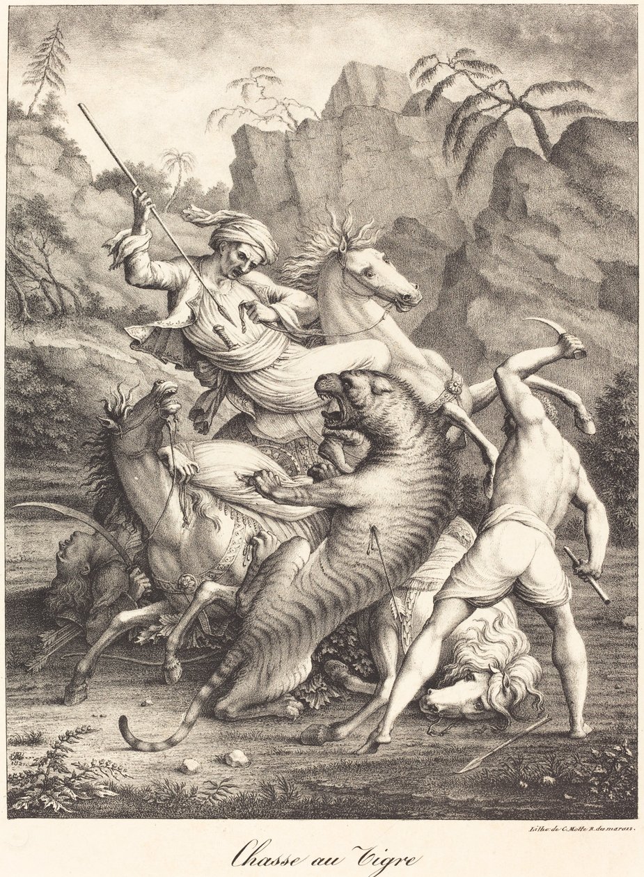 Tijgerjacht door Charles Etienne Pierre Motte after Auguste Jacques Regnier