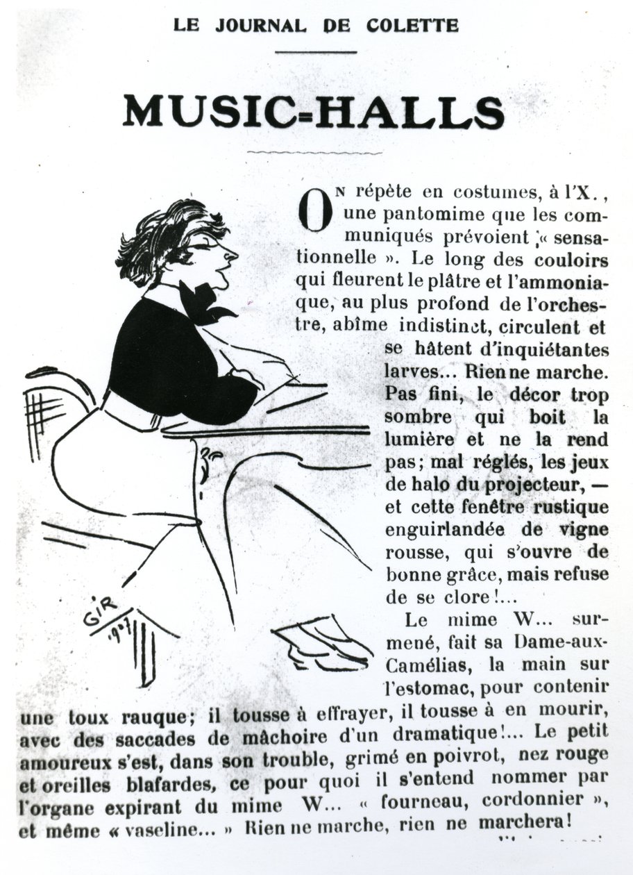 Karikatuur van Colette uit haar essay over Music-Halls in Vrilles de la Vigne, gepubliceerd in La Vie Parisienne, Parijs, 1908 door Charles Felix Gir