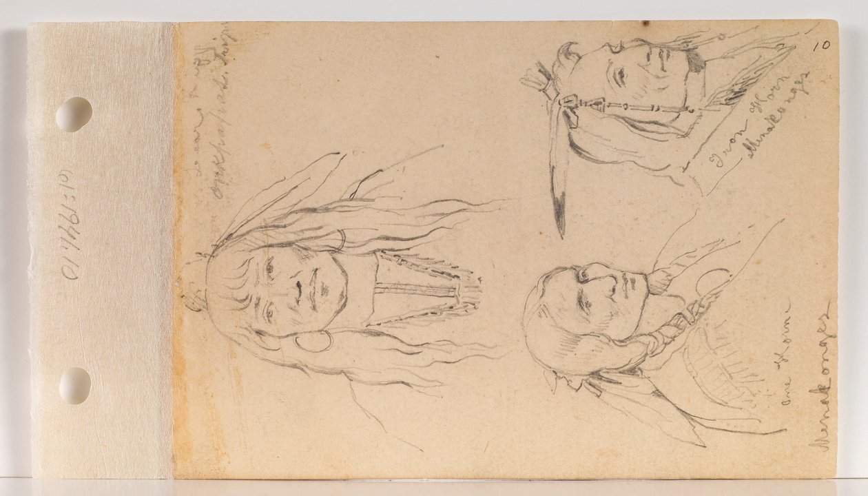 Portretten van Mato Chuthuhu (Rib van de Beer), Ha won je tah (Eén Hoorn/Lone Horn), en Heh Mah Zah (IJzeren Hoorn) (blad 10 recto) door Charles Ferdinand Wimar