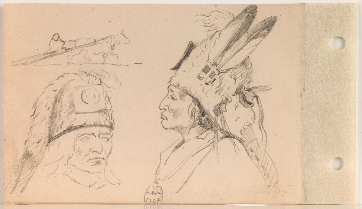 Studies van Palaneapape (Struck-by-Ree of Struck-by-Arikara) en een Honden Travois (blad 21 verso) door Charles Ferdinand Wimar
