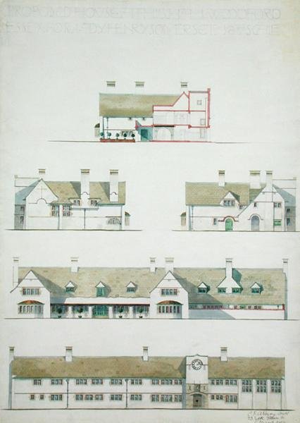 Voorgesteld huis in Higham Woodford, Essex voor Lady Henry Somerset door Charles Francis Annesley Voysey