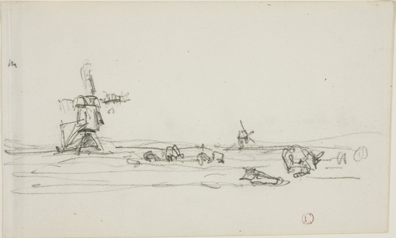 Landschap in Holland (recto); Schets van windmolens bij water (verso) door Charles Francois Daubigny