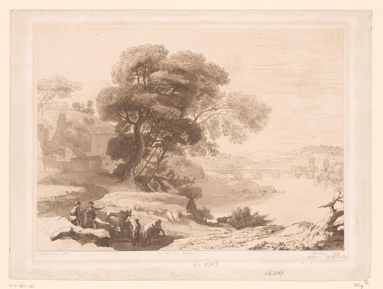 Landschap met herders en vee aan de rand van een rivier door Charles Francois Daubigny