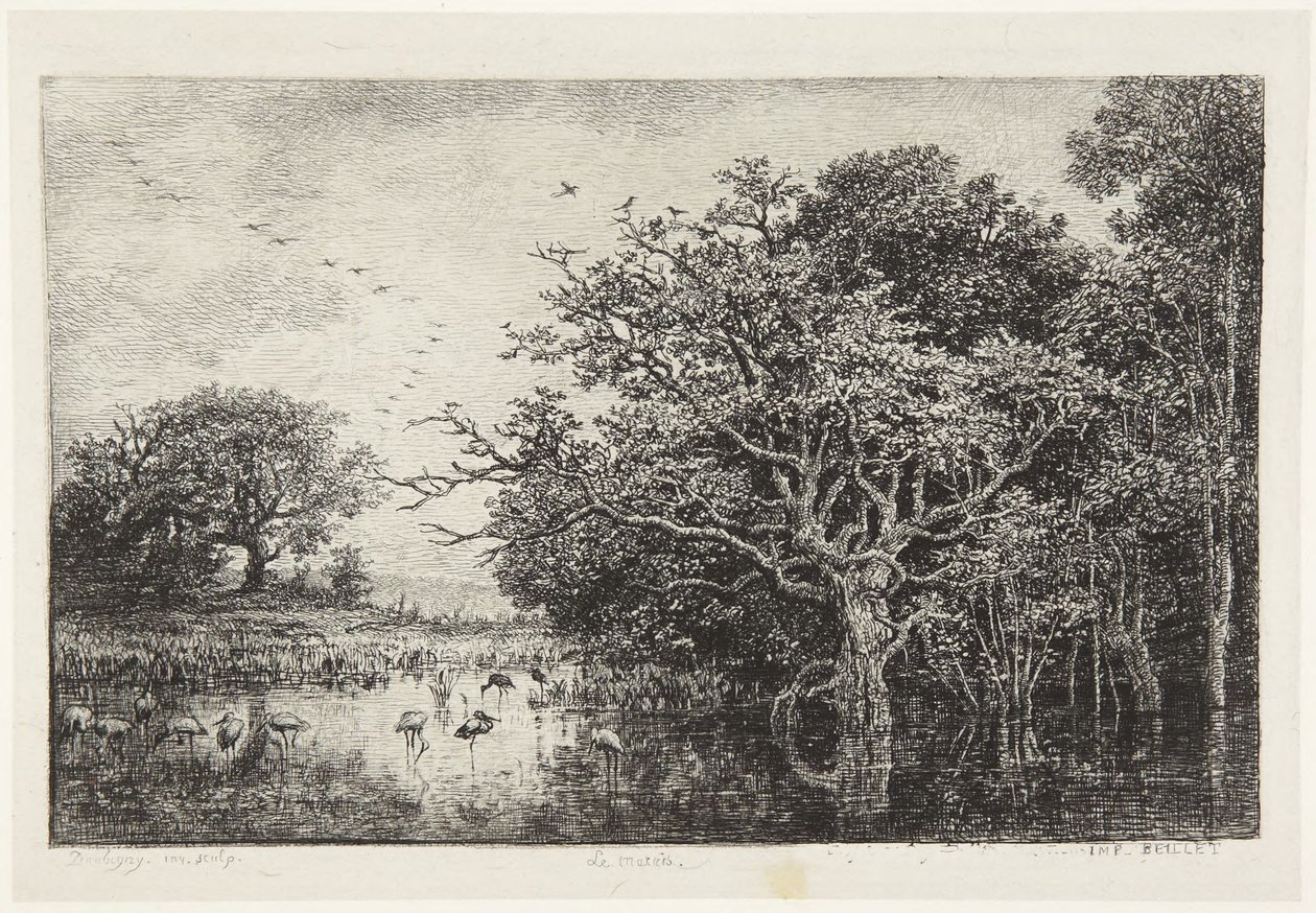 Het moeras met ooievaars door Charles Francois Daubigny