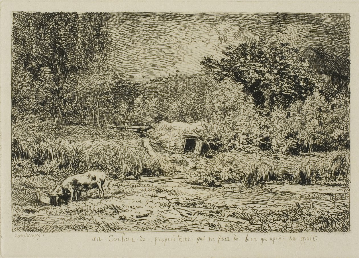 Varken in een Boomgaard door Charles Francois Daubigny