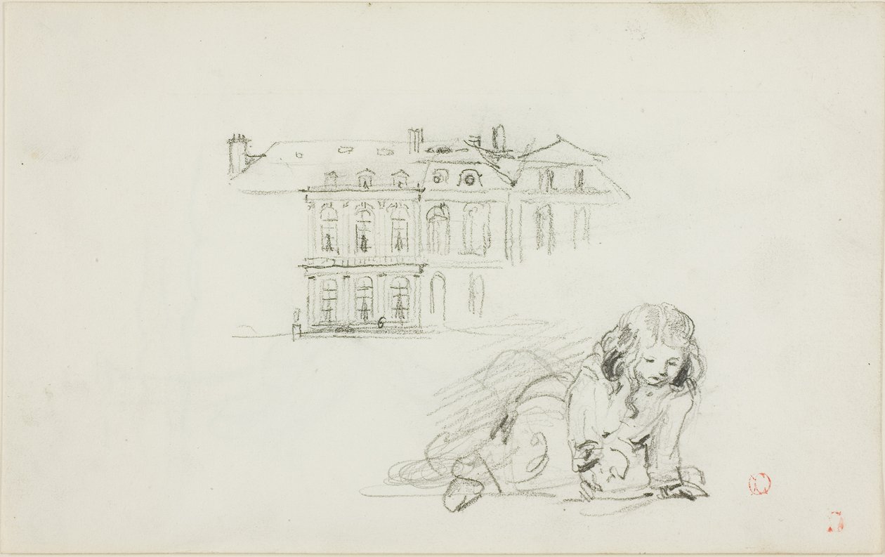 Schetsen: Het Hotel de Ville, Tours en een spelend meisje (recto); Ooievaar (verso) door Charles Francois Daubigny
