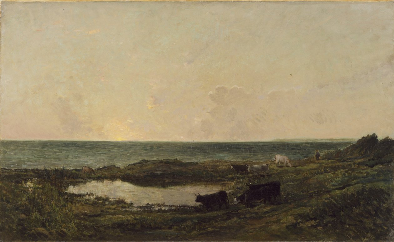 Zonsondergang aan de kust bij Villerville door Charles Francois Daubigny