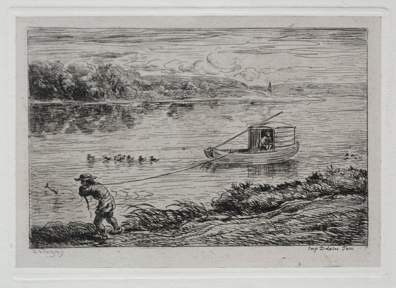 De boottocht: Kajuitjongen die het sleeptouw trekt, 1861 door Charles Francois Daubigny