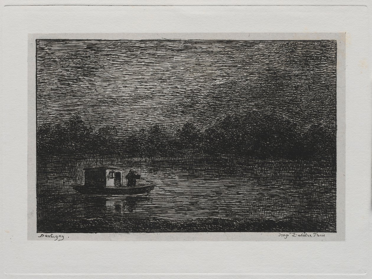De boottocht: Nachtvaart of netvissen tweede versie, 1861 door Charles Francois Daubigny