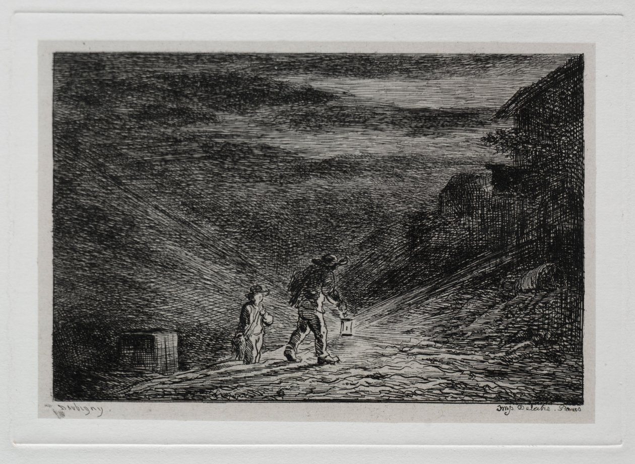 De boottocht: De zoektocht naar een herberg, 1861 door Charles Francois Daubigny