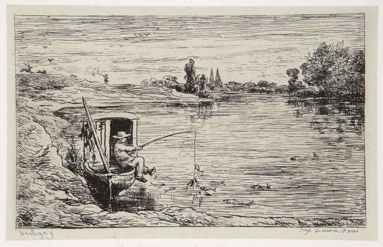 De scheepsjongen aan het vissen door Charles Francois Daubigny