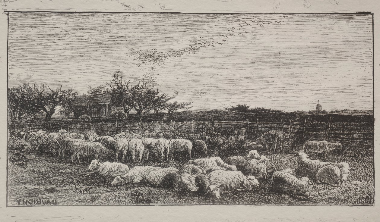De grote schaapskooi, originele indruk 1862, gedrukt in 1921 door Charles Francois Daubigny