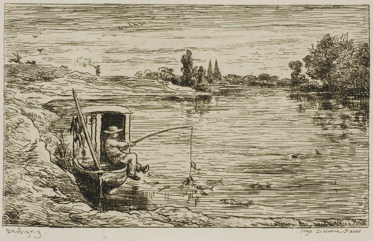 De scheepsjongen aan het vissen (Vissen met een lijn) door Charles Francois Daubigny