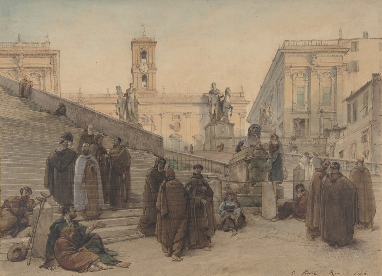 Het Campidoglio gezien vanaf de trap van de kerk van de Aracoeli, Rome, bij zonsondergang door Charles Francois Houel