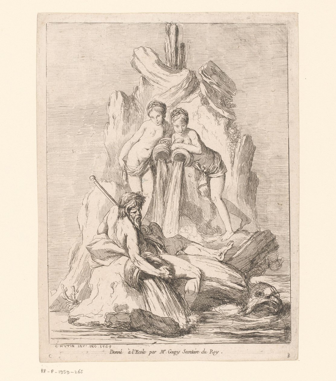 Fontein met twee nimfen en een riviergod door Charles Francois Hutin