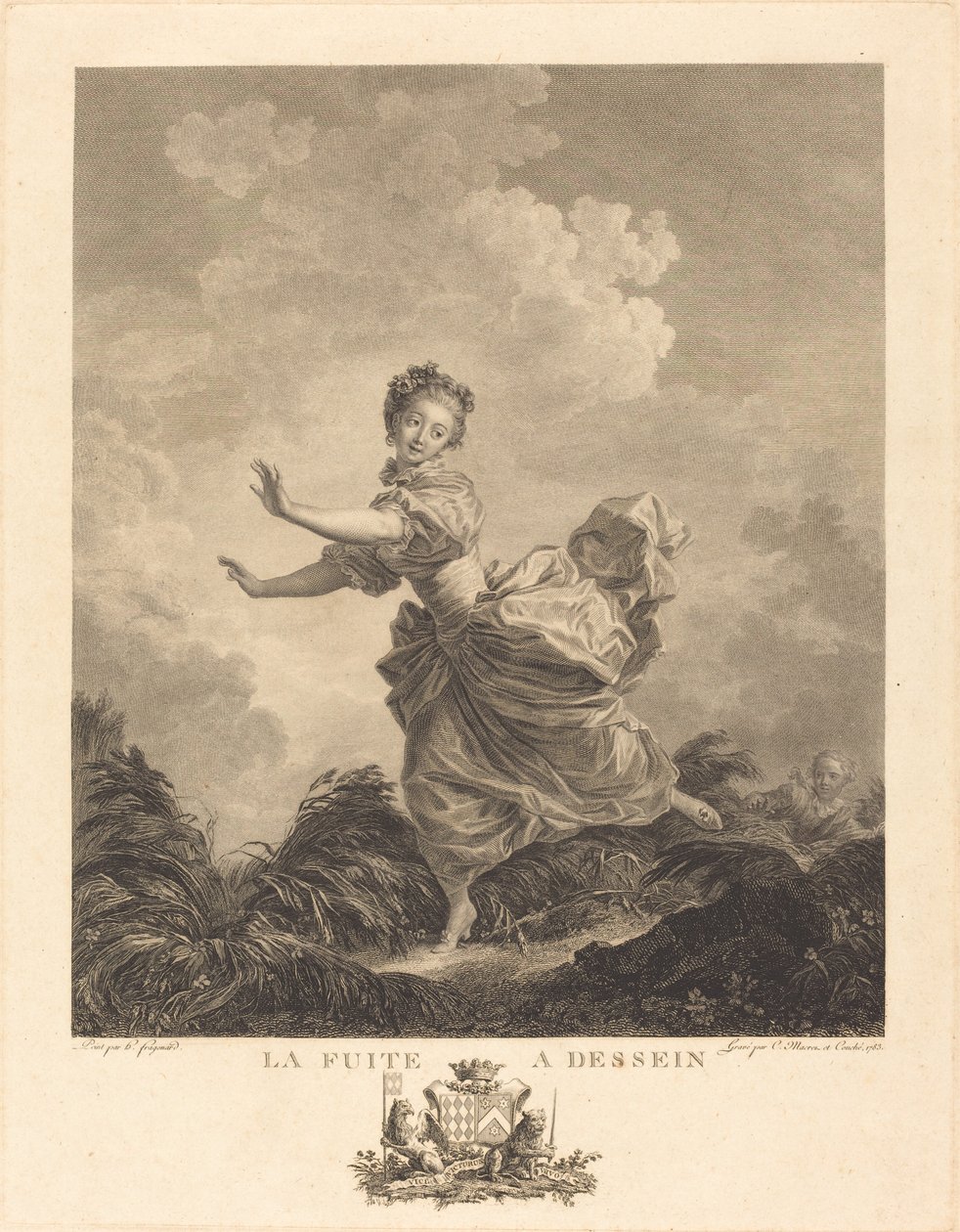 De Opzettelijke Vlucht door Charles François Adrien Macret and Jacques Couché after Jean Honoré Fragonard