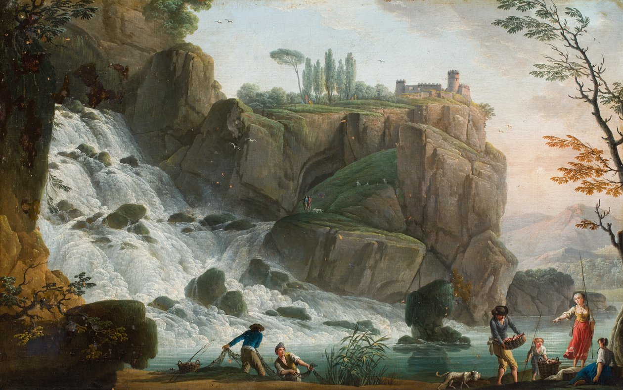 Een rotslandschap met figuren bij een waterval (olieverf op doek) door Charles François Grenier de (attr.to) Lacroix
