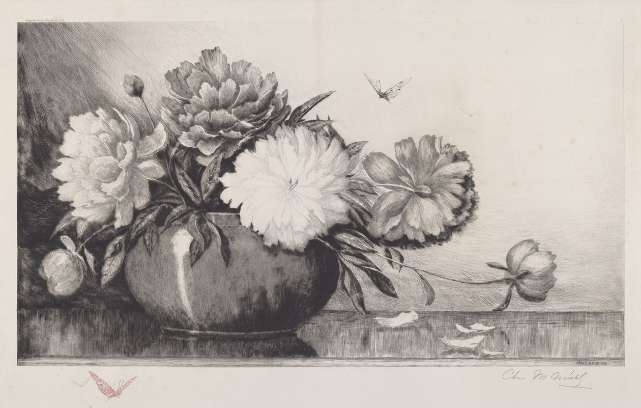 Zonder titel (pioenen in een kom) door Charles Frederick William Mielatz