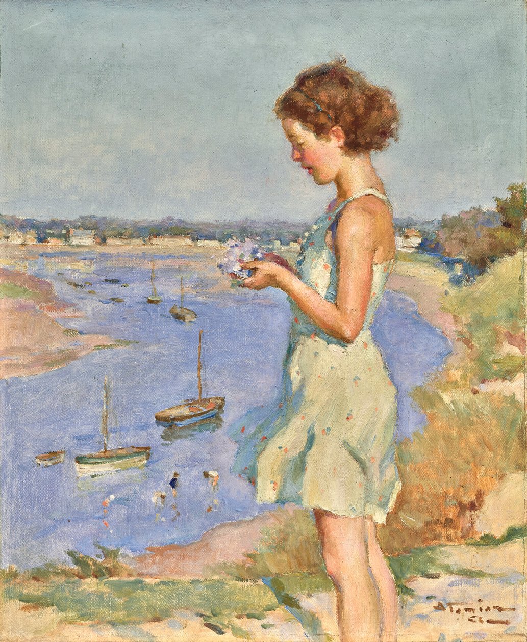 Jong meisje met blauwe hortensia, Saint-Gilles-Croix-de-Vie door Charles Garabed Atamian