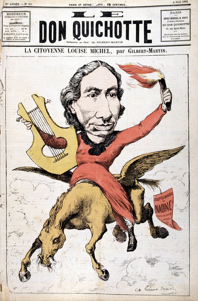 Cartoon van La Citoyenne Louise Michel - in “Le Don Quixote” van 05/05/1882 door Charles Gilbert Martin