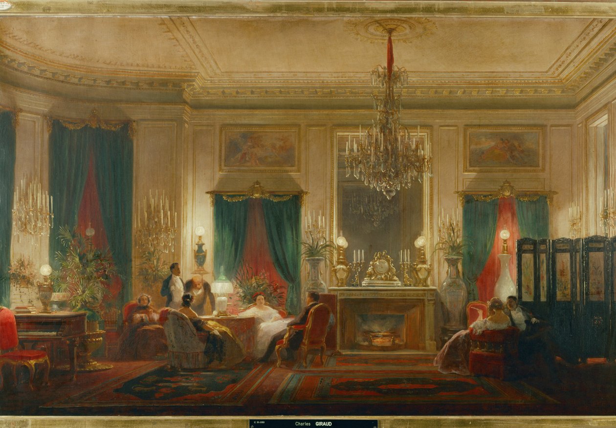 De salon van prinses Mathilde, dochter van koning Hiëronymus en koningin Catharina van Württemberg, in de rue de Courcelle in Parijs ... (olieverf op doek) door Charles Giraud