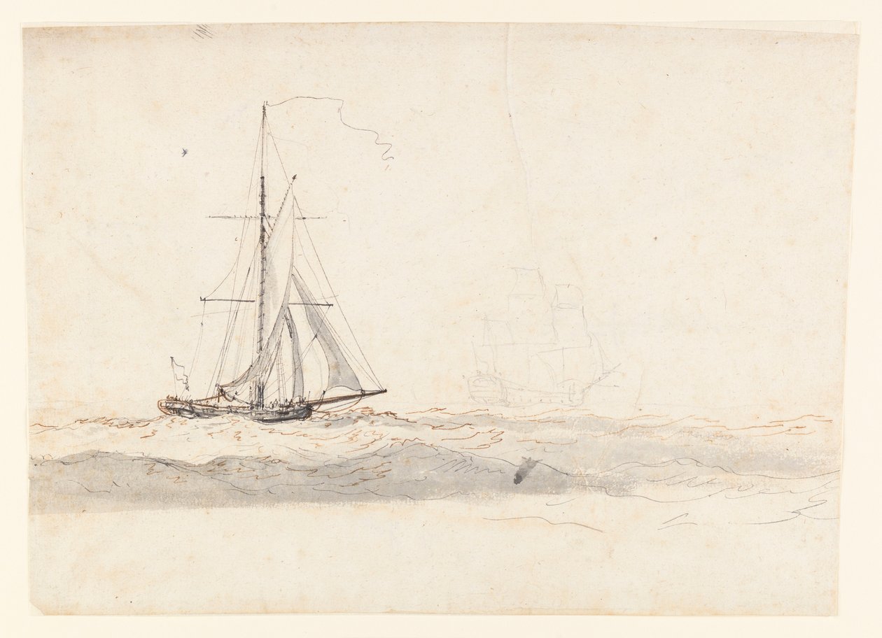 Een cutter voor de wind met een schip in de verte door Charles Gore