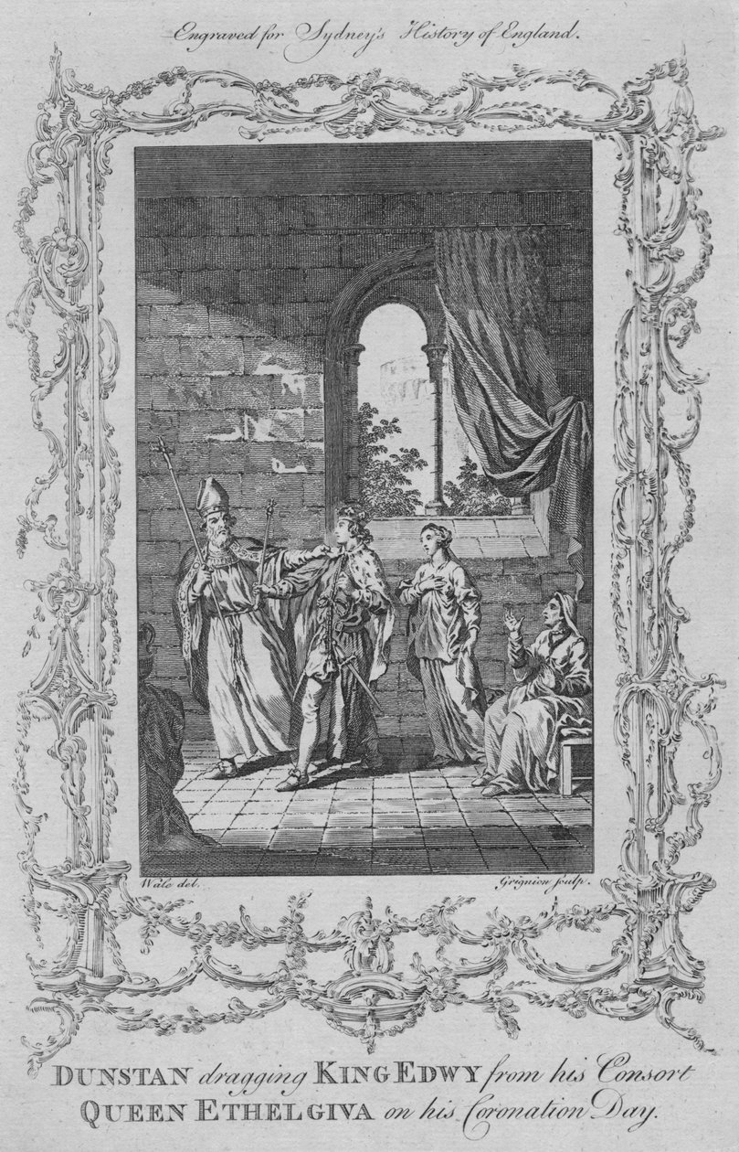Dunstan sleept koning Edwy weg van zijn gemalin koningin Ethelgiva op zijn kroningsdag, 1773 door Charles Grignion