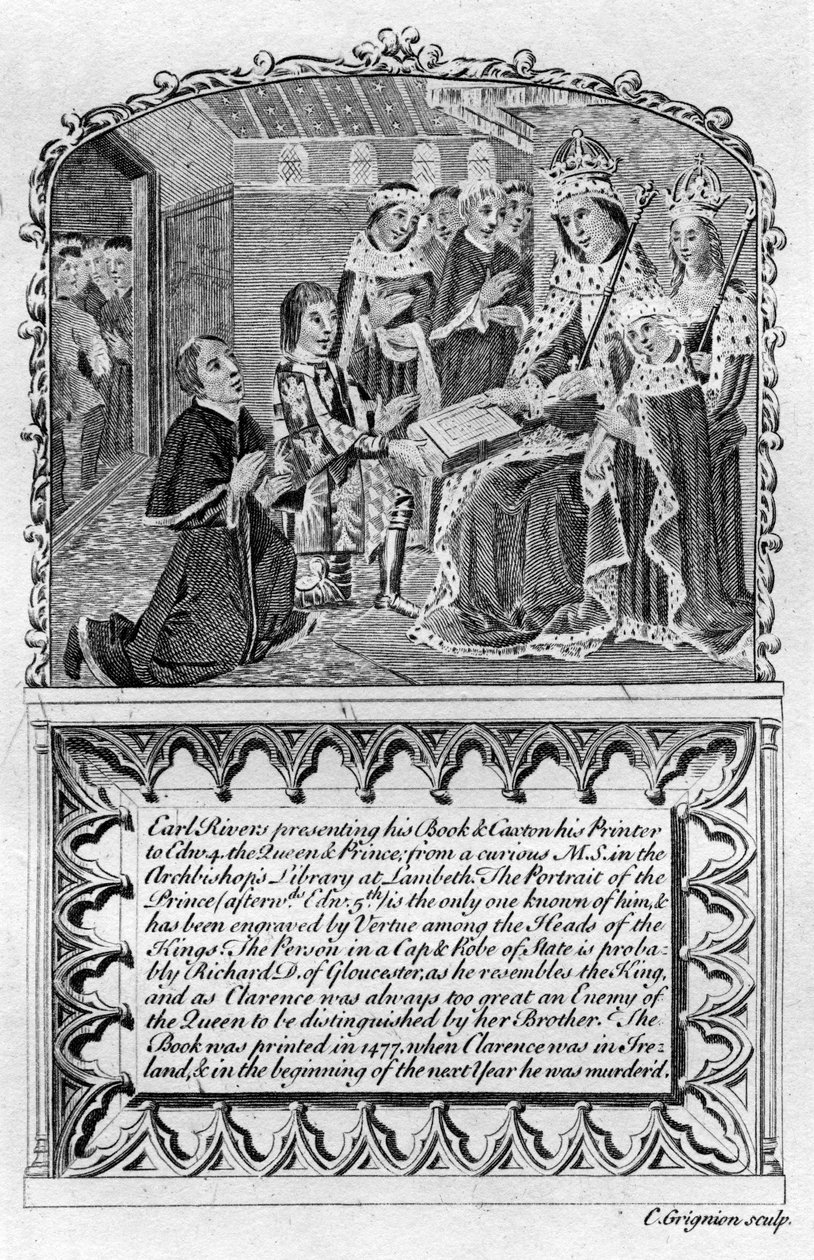 Earl Rivers presenteert zijn boek aan koning Edward IV, ca. 1477, eind 18e of begin 19e eeuw door Charles Grignion