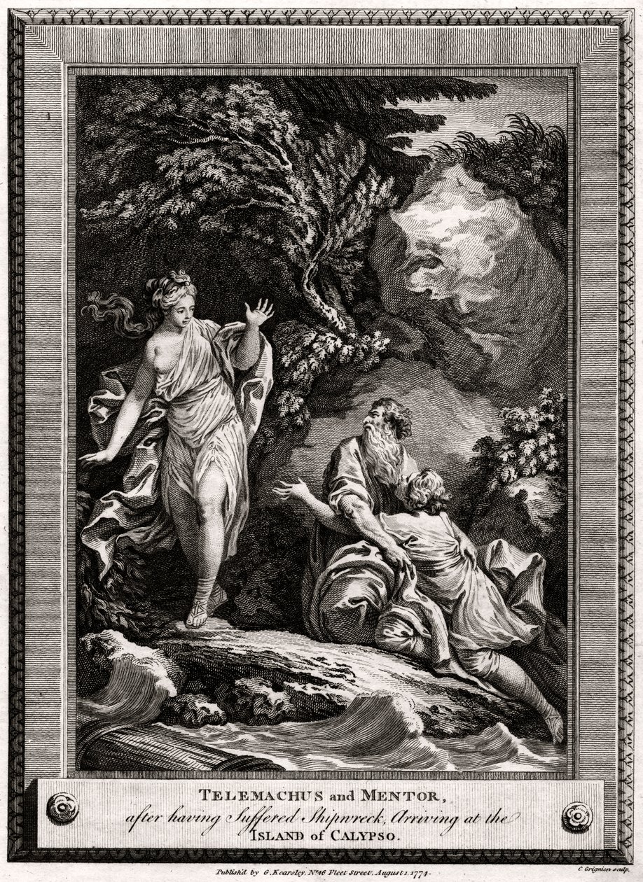 Telemachus en Mentor, na een schipbreuk, arriveren op het eiland Calypso, 1774 door Charles Grignion