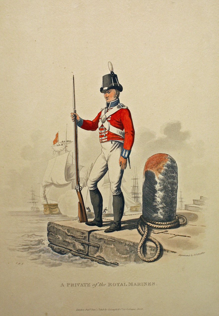 Een soldaat van de koninklijke mariniers, gegraveerd door Joseph Constantine Stadler, gepubliceerd 1815 door Charles Hamilton Smith