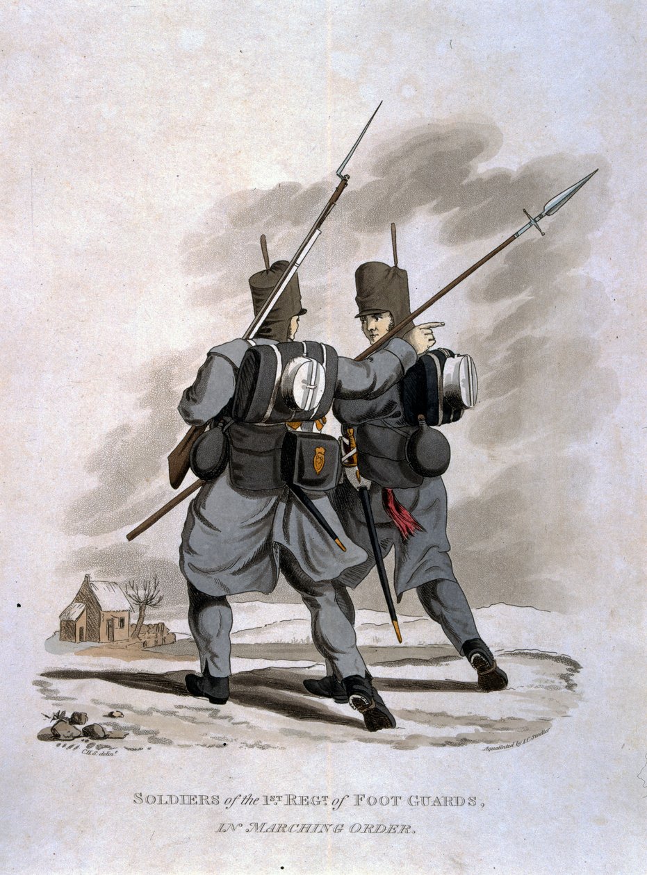 Soldaten van het 1e Regiment van de Foot Guards in marsorde, uit 