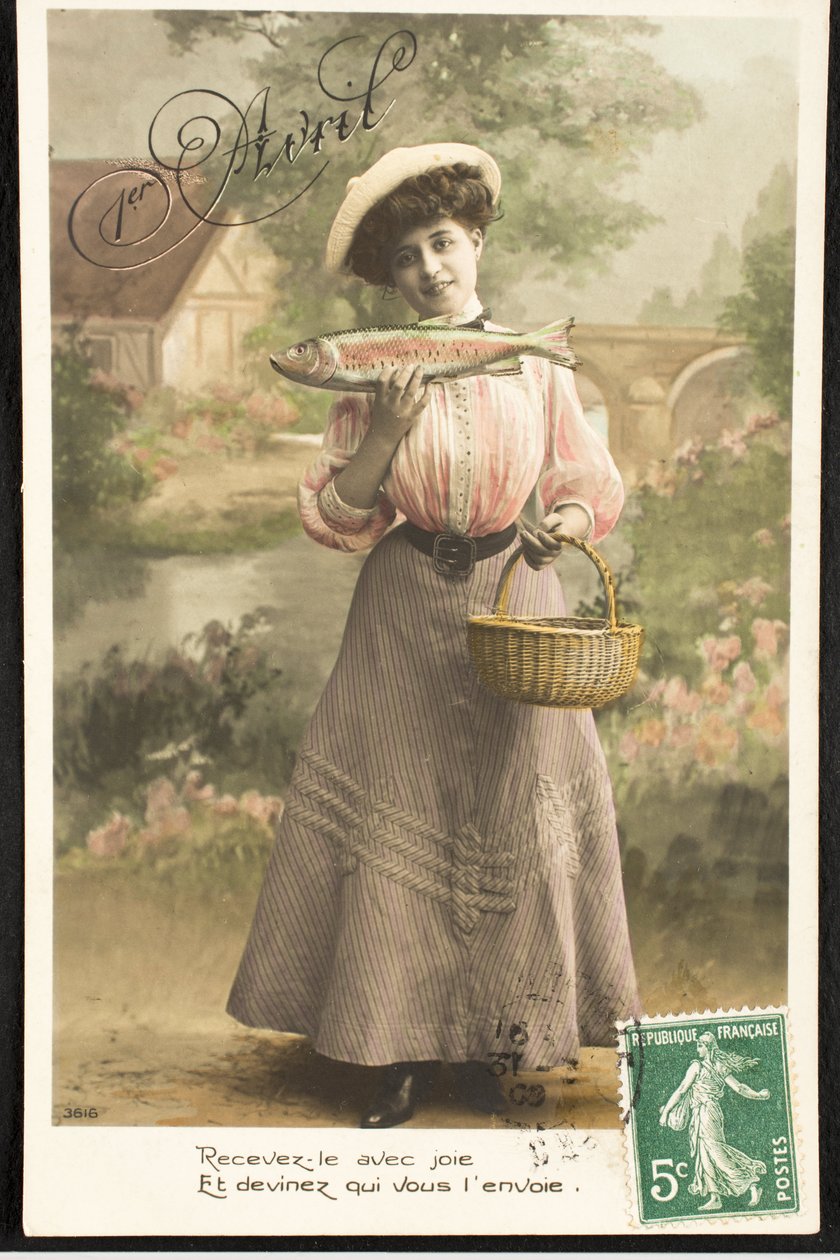 Oude ansichtkaart/Aprilvis/Vrouw van de Belle Epoque door Augustus Kollner