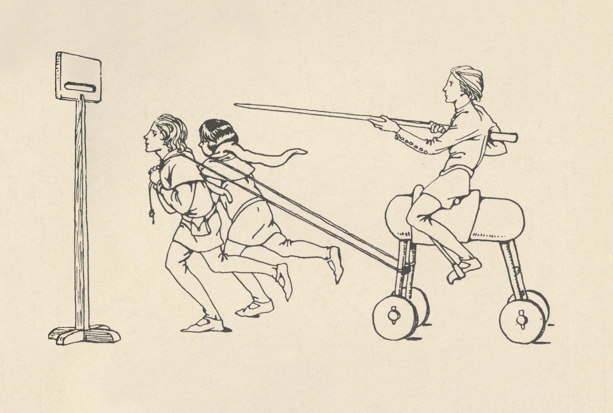 Jongens spelen bij het Quintain Romance of Alexander, ca. 1340. Bodleian, 1931 door Charles Henry Bourne Quennell