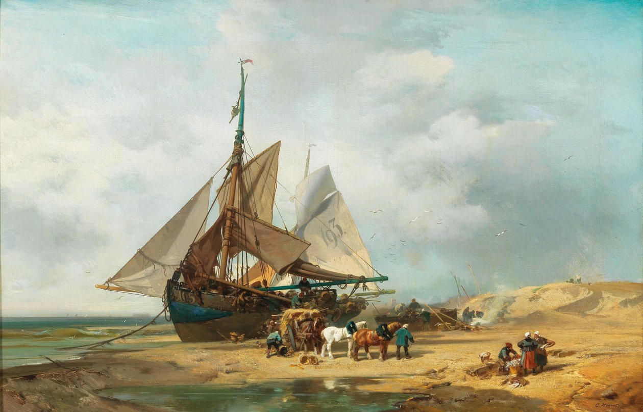 Duits: Entladung der Segelschiffe Uitladen van het zeilschip door Charles Hoguet