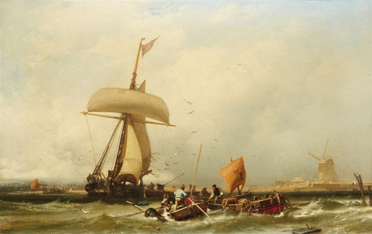 Duits: Nederlands Kustgezicht met Zeilschip en Boten Nederlands Kustgezicht met Zeilschip en Boten door Charles Hoguet
