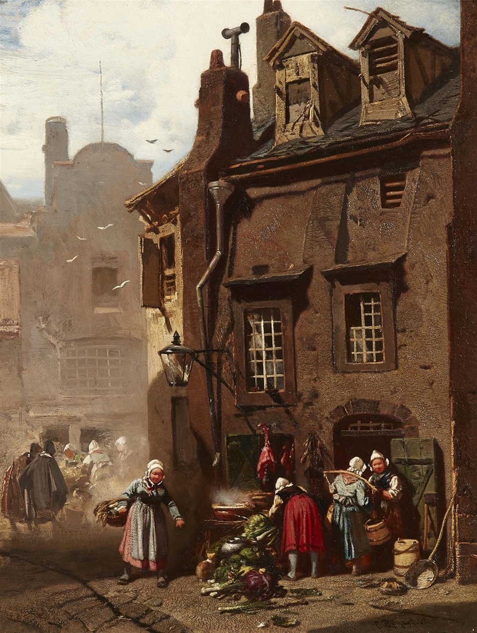 Duits: Markttreiben in einer mittelalterlichen Stadt Marktdag in een middeleeuwse stad door Charles Hoguet