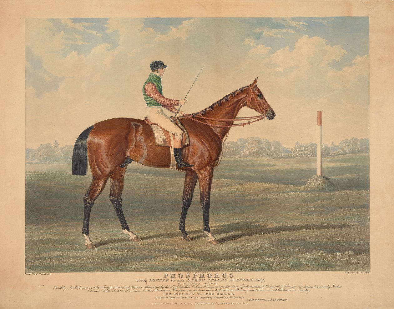 Paardenrennen: "Phosphorus", bereden door George Edwards, winnaar van de Derby Stakes in Epsom, 1837 door Charles Hunt