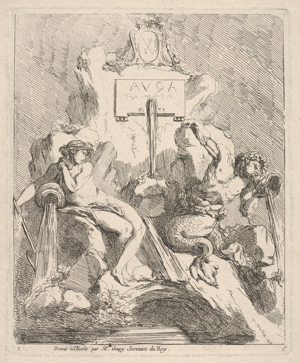 Ontwerp voor een fontein met een zittende nimf links en een triton die een schelp naar zijn mond houdt, 1768 door Charles Hutin