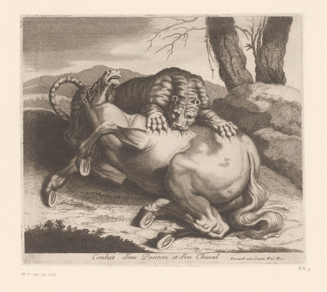Gevecht tussen panter en paard door Charles II Errard (attributed to)